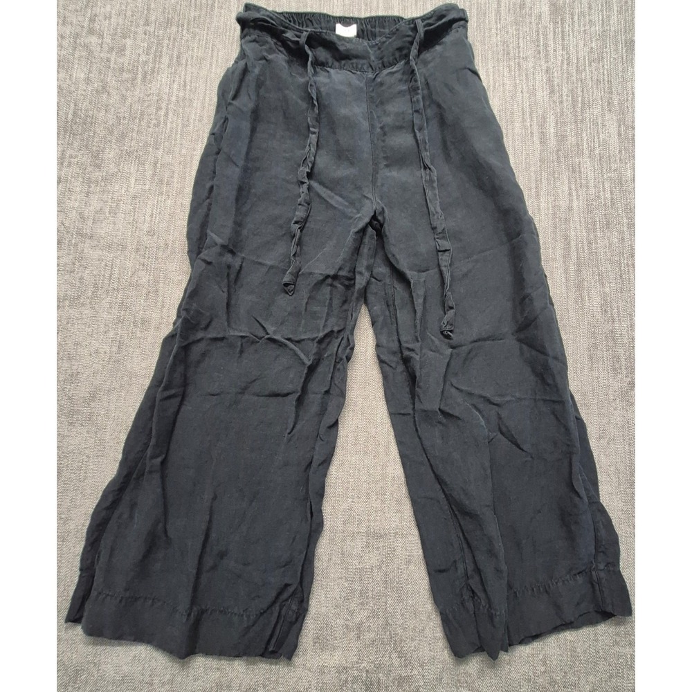 Halston woman's black linen blend crop wide leg pants M elastic waist waist tie